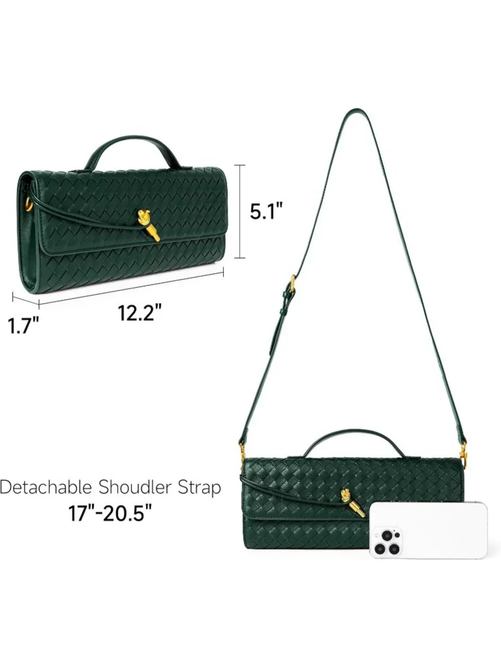 Women Green Woven Vegan Leather Clutch Purse Formal Evening Crossbody Bag